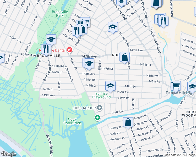 map of restaurants, bars, coffee shops, grocery stores, and more near 249-47 148th Road in Queens