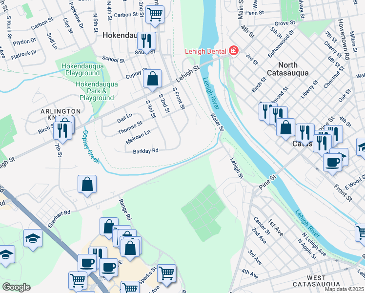 map of restaurants, bars, coffee shops, grocery stores, and more near 3376 South 2nd Street in Hokendauqua