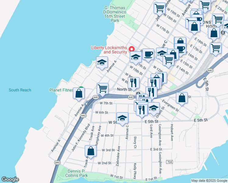 map of restaurants, bars, coffee shops, grocery stores, and more near 256 John F. Kennedy Boulevard in Bayonne