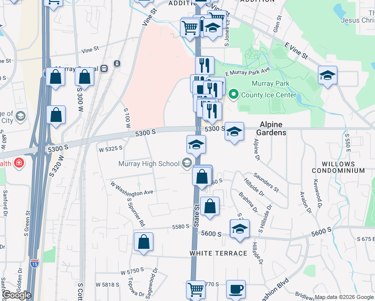 map of restaurants, bars, coffee shops, grocery stores, and more near 5440 State Street in Murray
