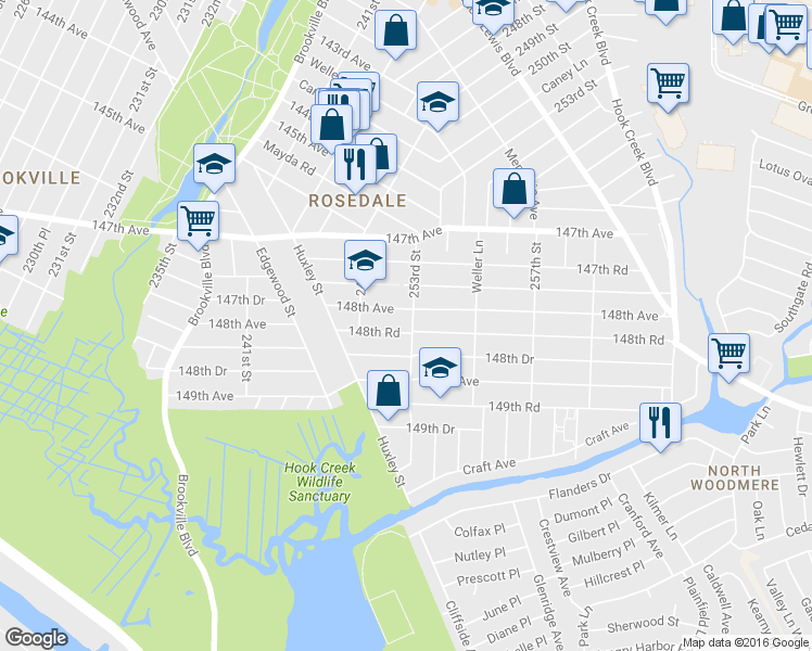 map of restaurants, bars, coffee shops, grocery stores, and more near 249-47 148th Road in Queens