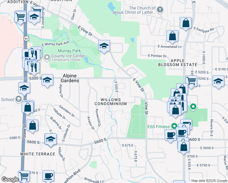 map of restaurants, bars, coffee shops, grocery stores, and more near 456 East Creekside Circle in Murray