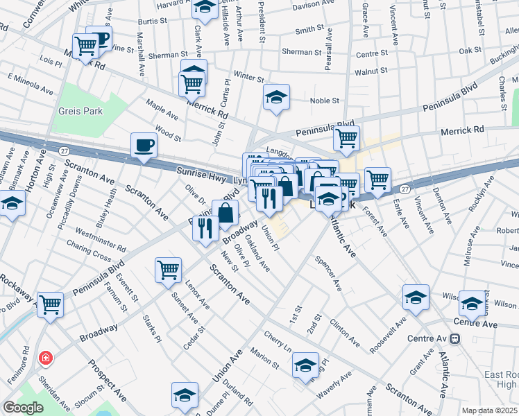 map of restaurants, bars, coffee shops, grocery stores, and more near 96 Evergreen Avenue in Lynbrook