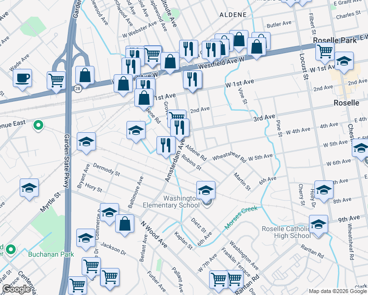 map of restaurants, bars, coffee shops, grocery stores, and more near 401 Amsterdam Avenue in Roselle