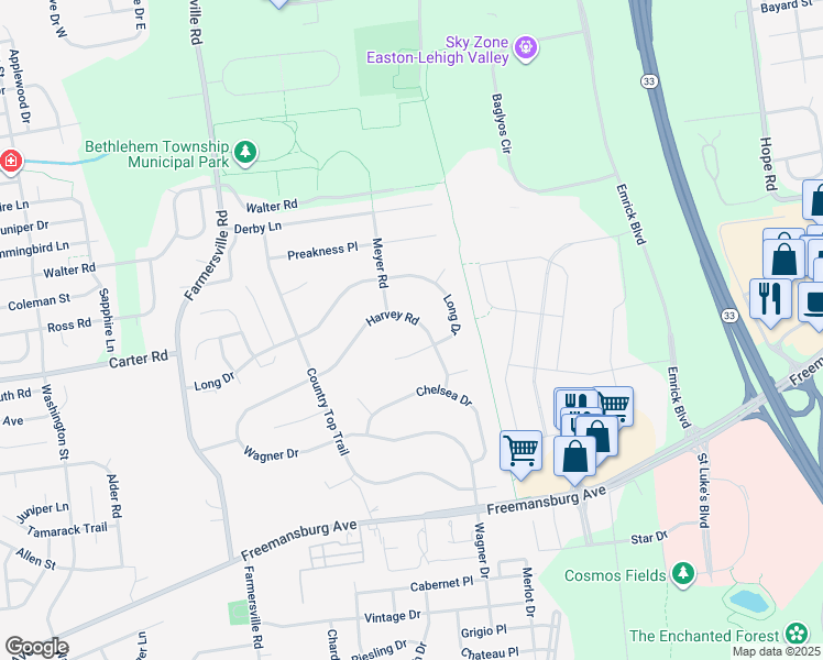 map of restaurants, bars, coffee shops, grocery stores, and more near 4980 Harvey Rd in Bethlehem