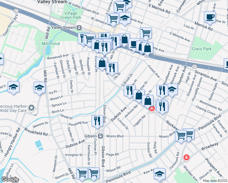 map of restaurants, bars, coffee shops, grocery stores, and more near 38 Sandalwood Avenue in Valley Stream