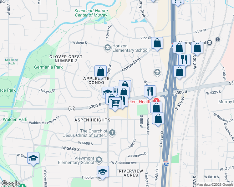 map of restaurants, bars, coffee shops, grocery stores, and more near 5356 Murray Ridge Road in Murray