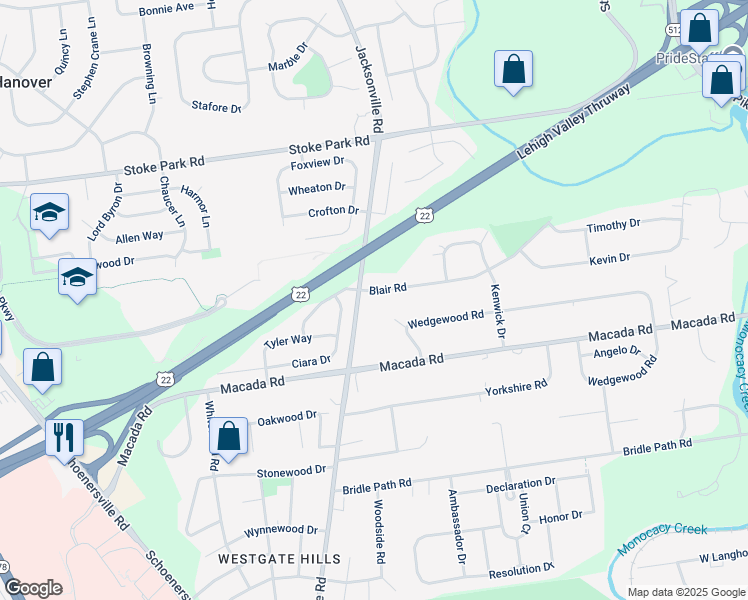 map of restaurants, bars, coffee shops, grocery stores, and more near 1009 Blair Road in Bethlehem