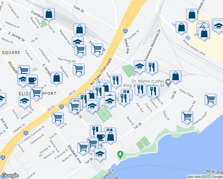 map of restaurants, bars, coffee shops, grocery stores, and more near 216 3rd Street in Elizabeth