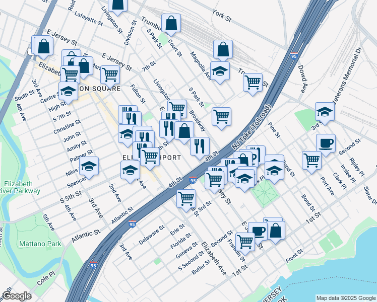 map of restaurants, bars, coffee shops, grocery stores, and more near 430 East Jersey Street in Elizabeth