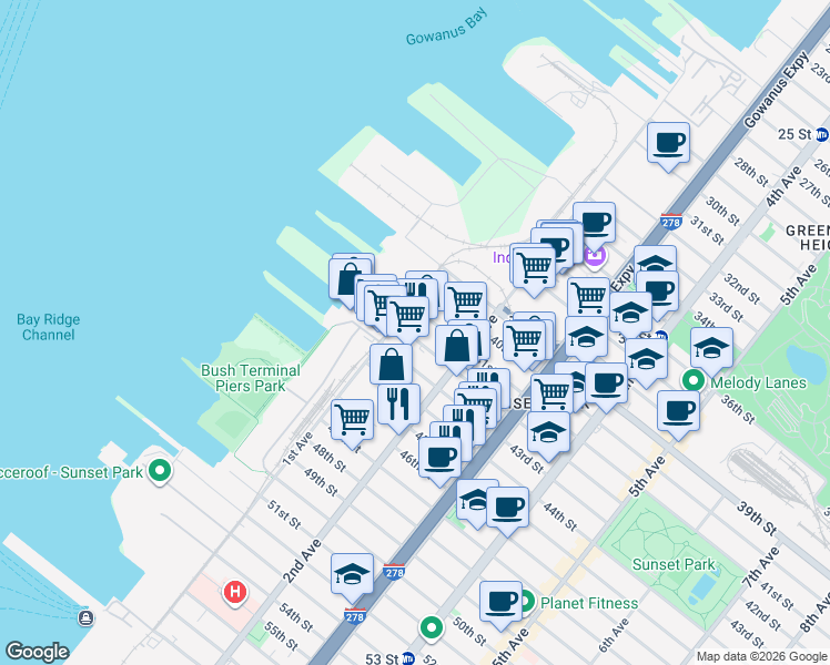 map of restaurants, bars, coffee shops, grocery stores, and more near 148 41st Street in Brooklyn