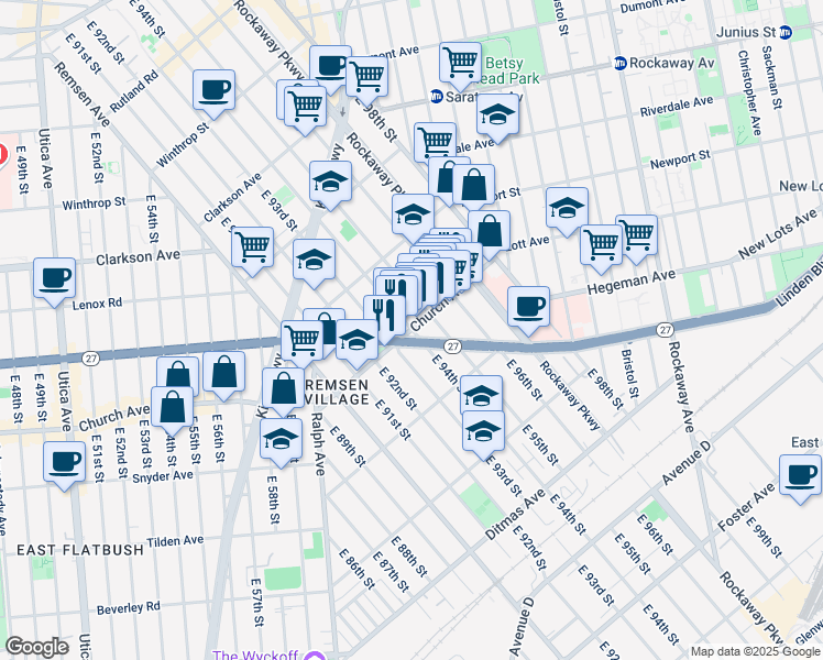 map of restaurants, bars, coffee shops, grocery stores, and more near Church Avenue & East 94th Street in Brooklyn