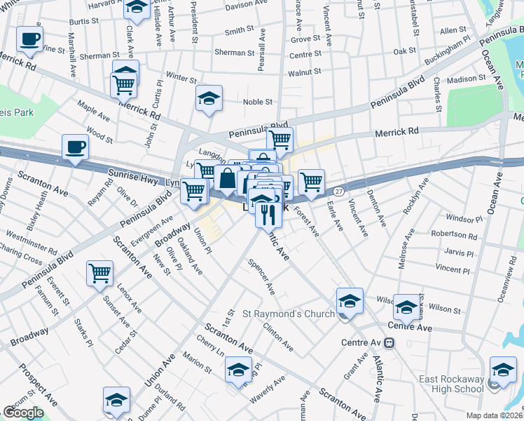 map of restaurants, bars, coffee shops, grocery stores, and more near in Lynbrook