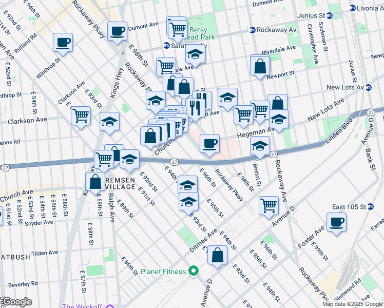 map of restaurants, bars, coffee shops, grocery stores, and more near 567 East 96th Street in Brooklyn