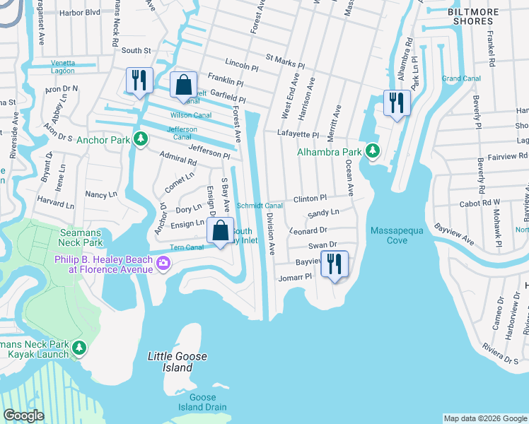 map of restaurants, bars, coffee shops, grocery stores, and more near 78 Division Avenue in Massapequa