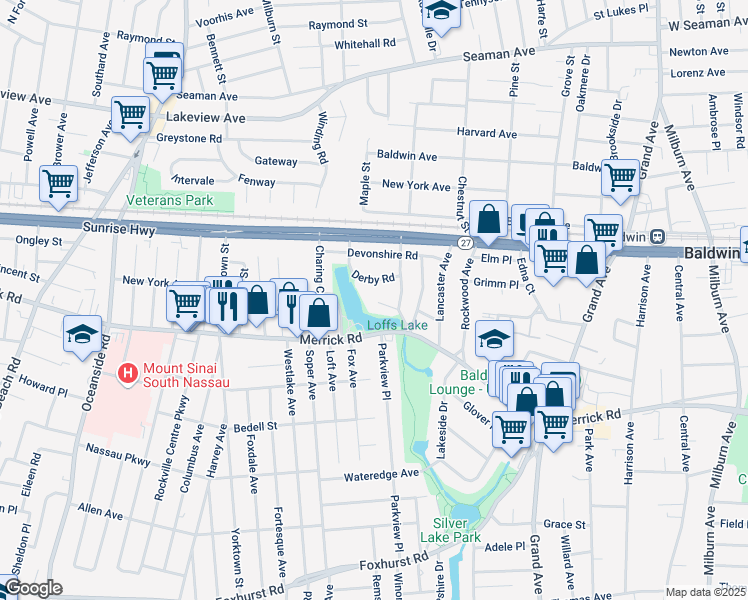 map of restaurants, bars, coffee shops, grocery stores, and more near 22 Derby Road in Baldwin