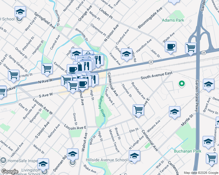 map of restaurants, bars, coffee shops, grocery stores, and more near 83 Centennial Avenue in Cranford