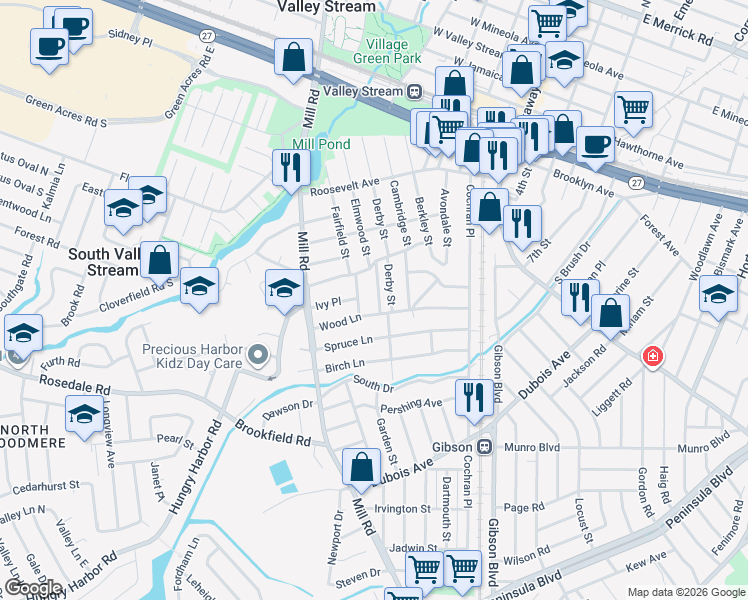 map of restaurants, bars, coffee shops, grocery stores, and more near 179 Fairfield Street in Valley Stream