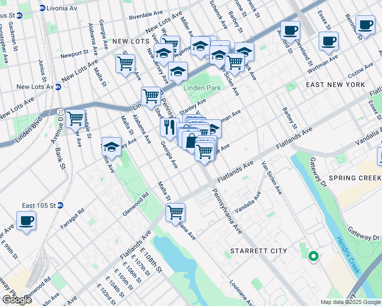 map of restaurants, bars, coffee shops, grocery stores, and more near 1000 Pennsylvania Avenue in Brooklyn