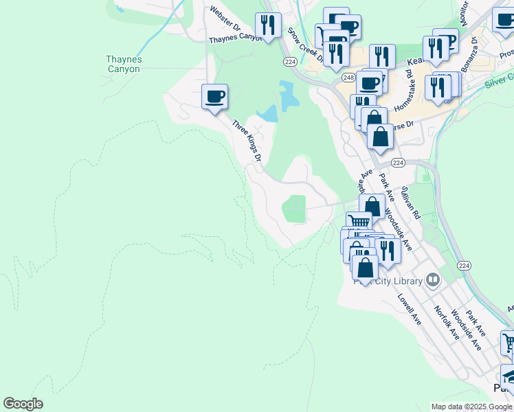 map of restaurants, bars, coffee shops, grocery stores, and more near 1500 Three Kings Drive in Park City