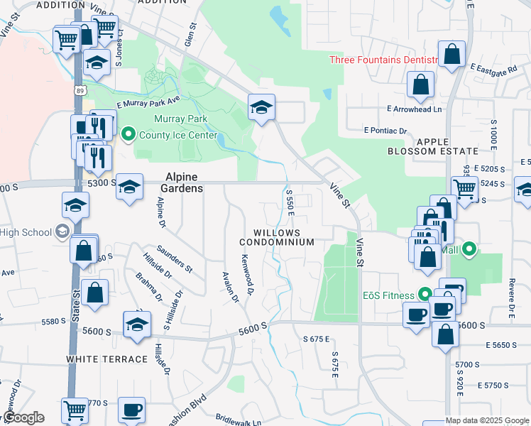 map of restaurants, bars, coffee shops, grocery stores, and more near 5349 Kenwood Drive in Salt Lake City