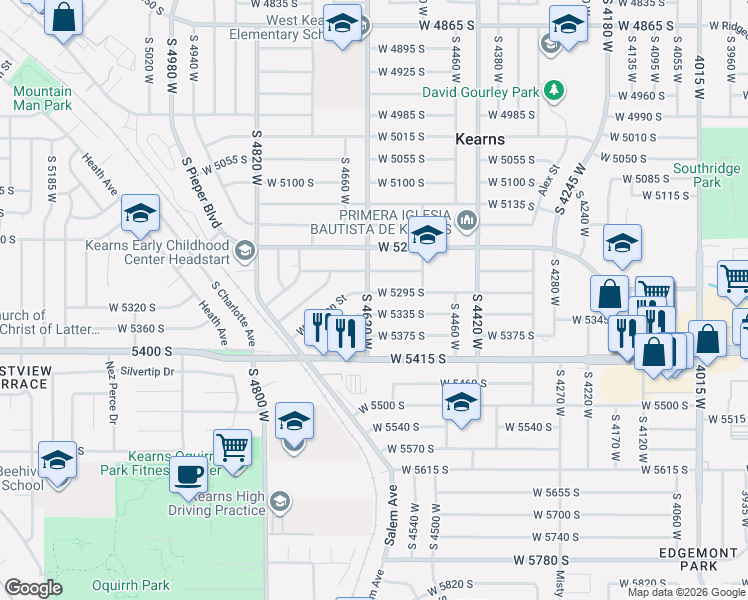 map of restaurants, bars, coffee shops, grocery stores, and more near 4594 West 5335 South in Kearns