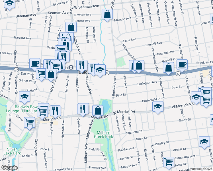 map of restaurants, bars, coffee shops, grocery stores, and more near 80 S Brookside Ave in Freeport