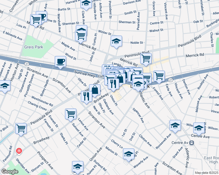 map of restaurants, bars, coffee shops, grocery stores, and more near 96 Evergreen Avenue in Lynbrook