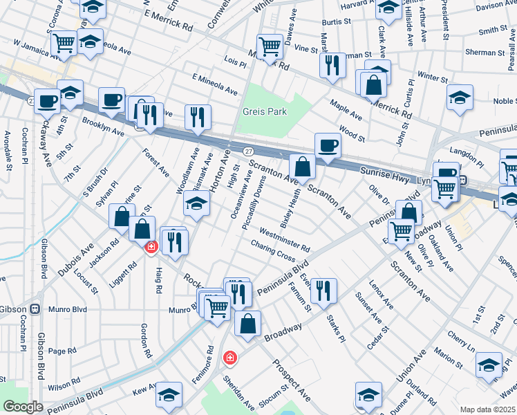 map of restaurants, bars, coffee shops, grocery stores, and more near 55 Surrey Commons in Lynbrook