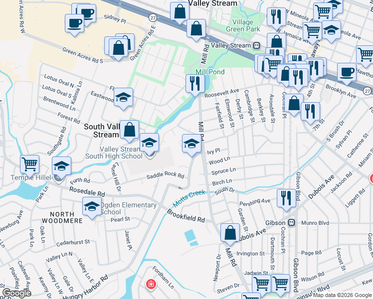 map of restaurants, bars, coffee shops, grocery stores, and more near 26 Hungry Harbor Road in Valley Stream