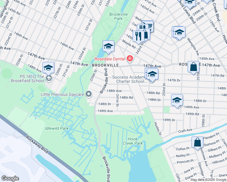 map of restaurants, bars, coffee shops, grocery stores, and more near 239-24 148th Avenue in Queens