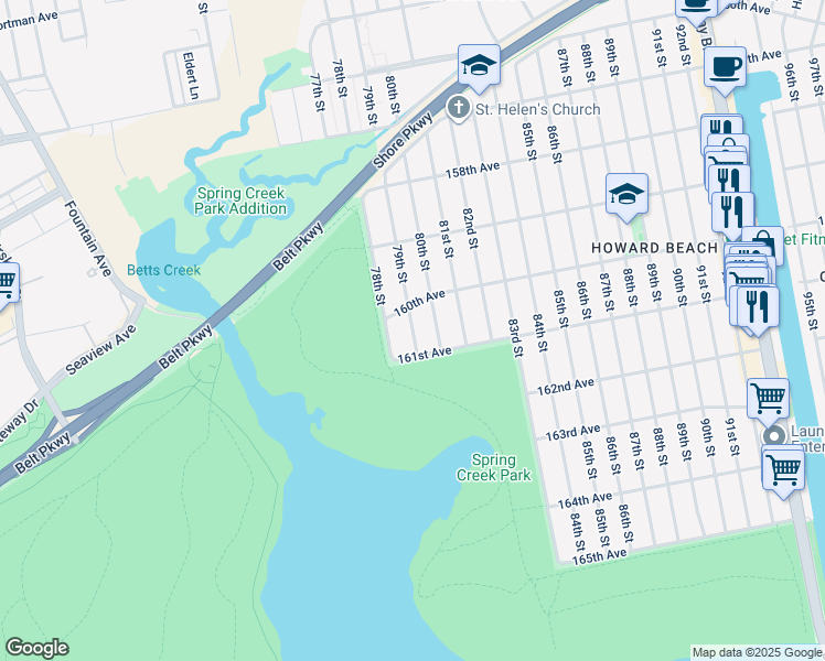 map of restaurants, bars, coffee shops, grocery stores, and more near 160-28 79th Street in Queens
