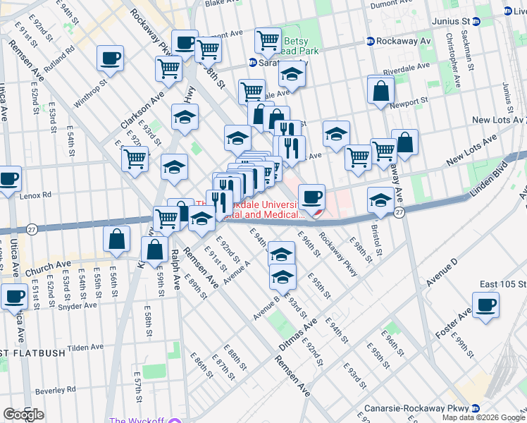 map of restaurants, bars, coffee shops, grocery stores, and more near 547 East 95th Street in Brooklyn