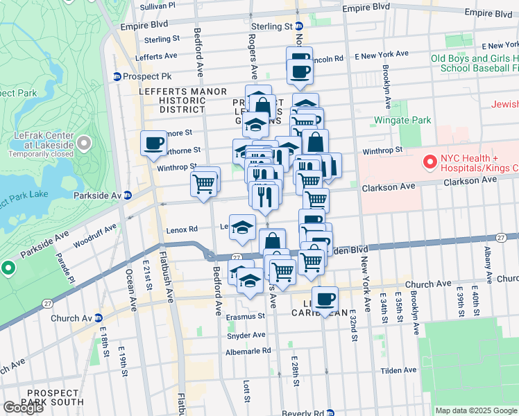 map of restaurants, bars, coffee shops, grocery stores, and more near 690 Rogers Avenue in Brooklyn