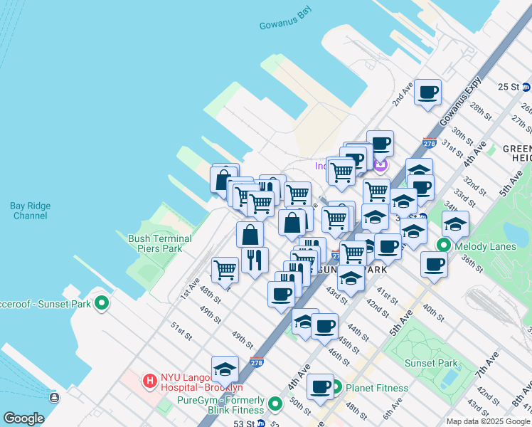 map of restaurants, bars, coffee shops, grocery stores, and more near 148 41st Street in Brooklyn