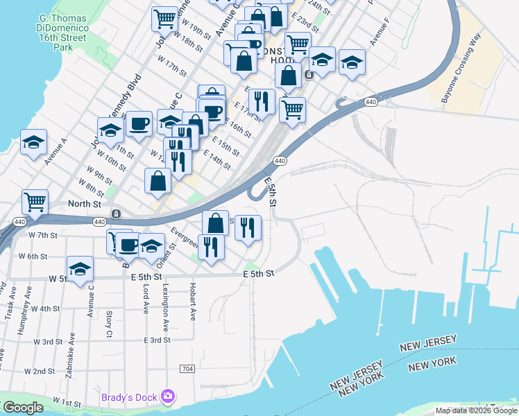 map of restaurants, bars, coffee shops, grocery stores, and more near 103 Oak Street in Bayonne