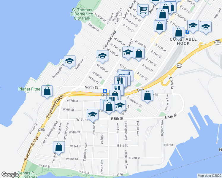 map of restaurants, bars, coffee shops, grocery stores, and more near in Bayonne