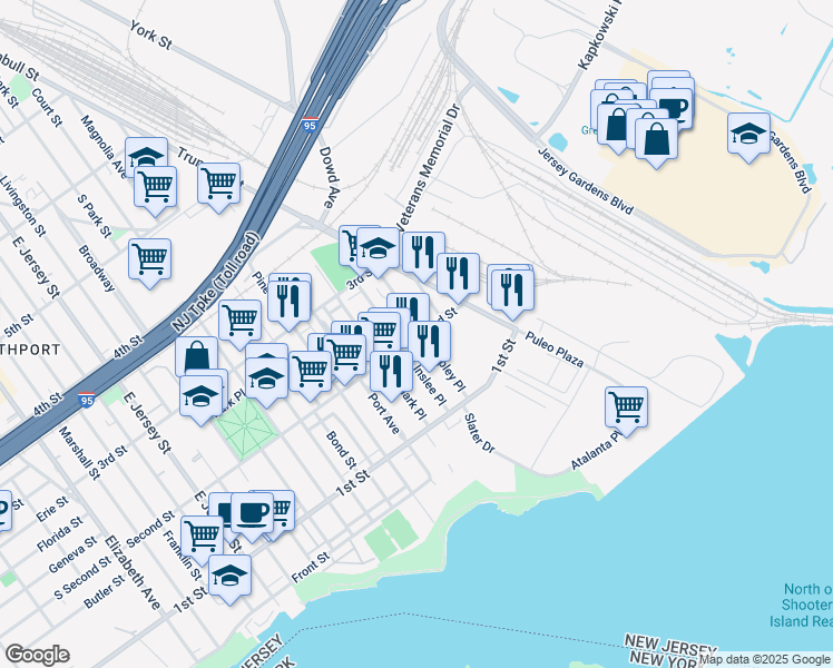 map of restaurants, bars, coffee shops, grocery stores, and more near 315 Second Street in Elizabeth