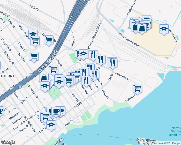 map of restaurants, bars, coffee shops, grocery stores, and more near 315 Second Street in Elizabeth