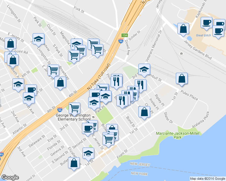 map of restaurants, bars, coffee shops, grocery stores, and more near 210 3rd Street in Elizabeth