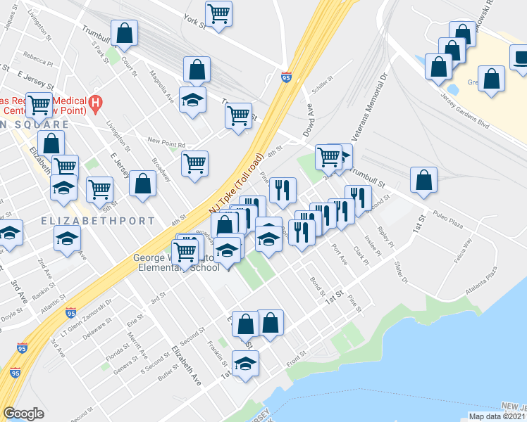 map of restaurants, bars, coffee shops, grocery stores, and more near 210 3rd Street in Elizabeth