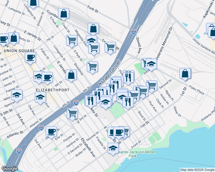 map of restaurants, bars, coffee shops, grocery stores, and more near 319 Court Street in Elizabeth