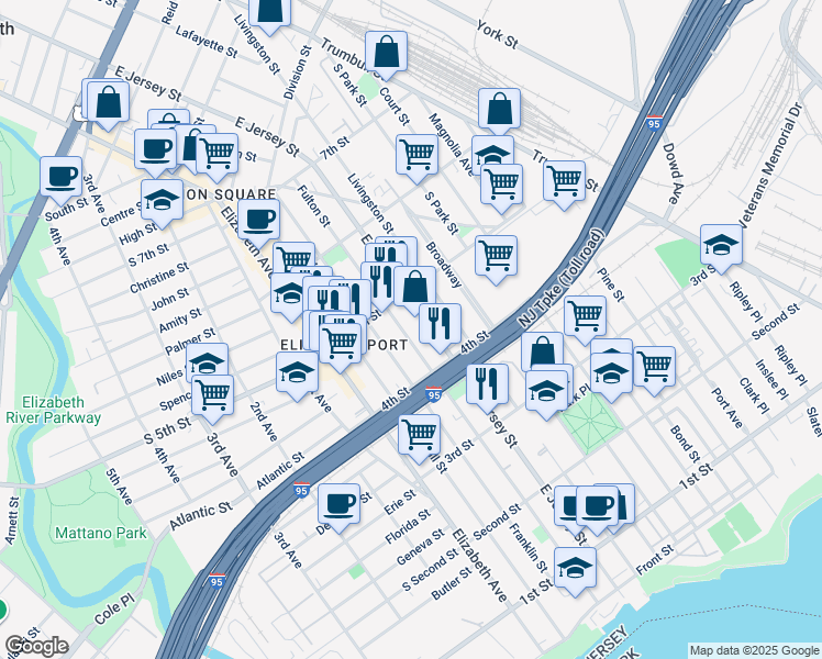 map of restaurants, bars, coffee shops, grocery stores, and more near 431 Fulton Street in Elizabeth