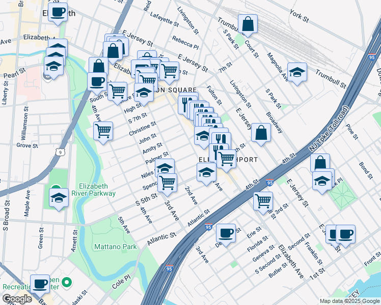 map of restaurants, bars, coffee shops, grocery stores, and more near 534 1st Avenue in Elizabeth