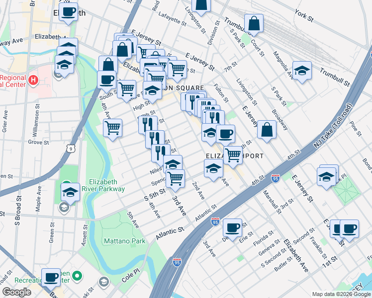 map of restaurants, bars, coffee shops, grocery stores, and more near 549 2nd Avenue in Elizabeth