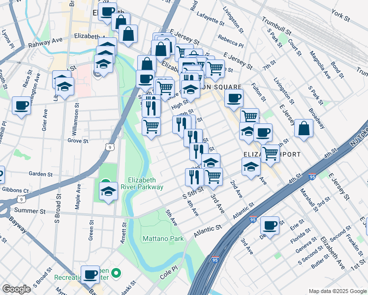 map of restaurants, bars, coffee shops, grocery stores, and more near 574 3rd Avenue in Elizabeth