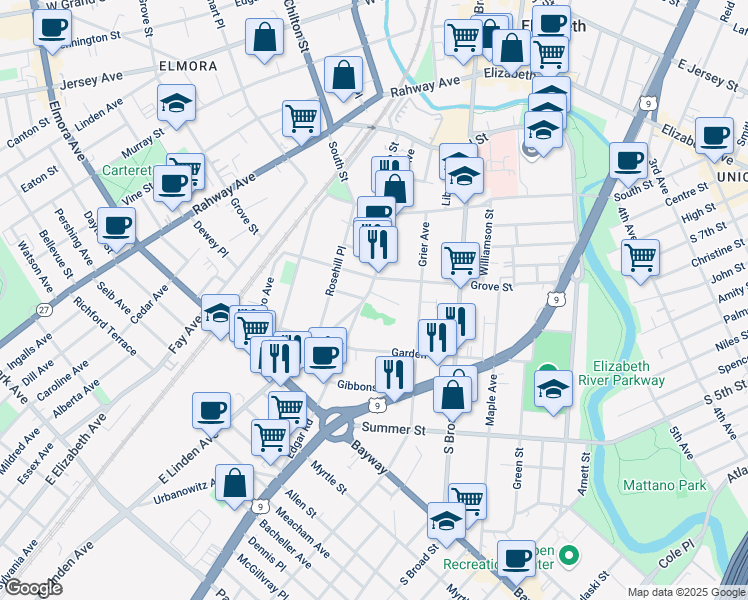map of restaurants, bars, coffee shops, grocery stores, and more near in Elizabeth