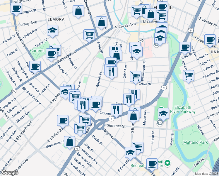 map of restaurants, bars, coffee shops, grocery stores, and more near in Elizabeth