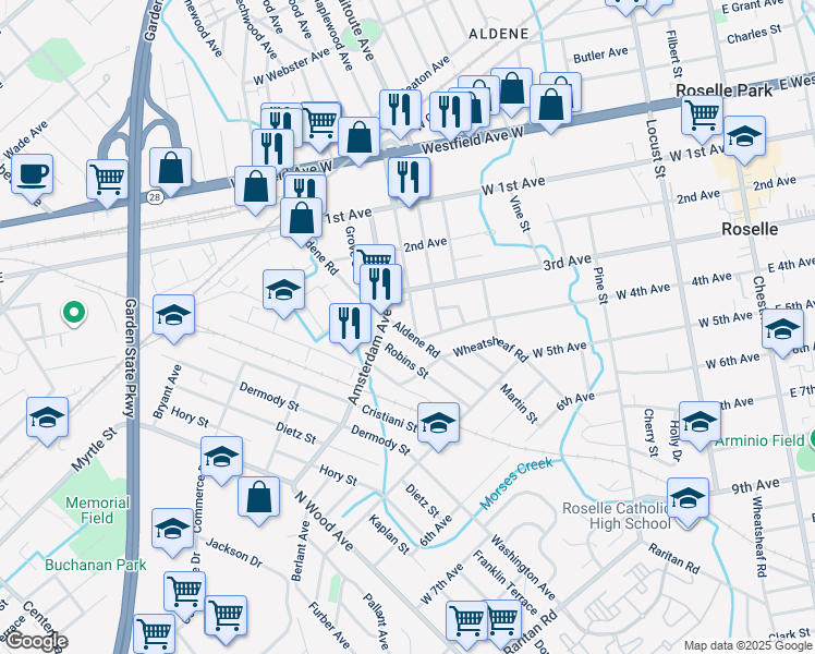 map of restaurants, bars, coffee shops, grocery stores, and more near 390 Aldene Road in Roselle