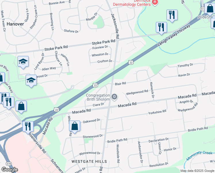 map of restaurants, bars, coffee shops, grocery stores, and more near 1109 Blair Road in Bethlehem